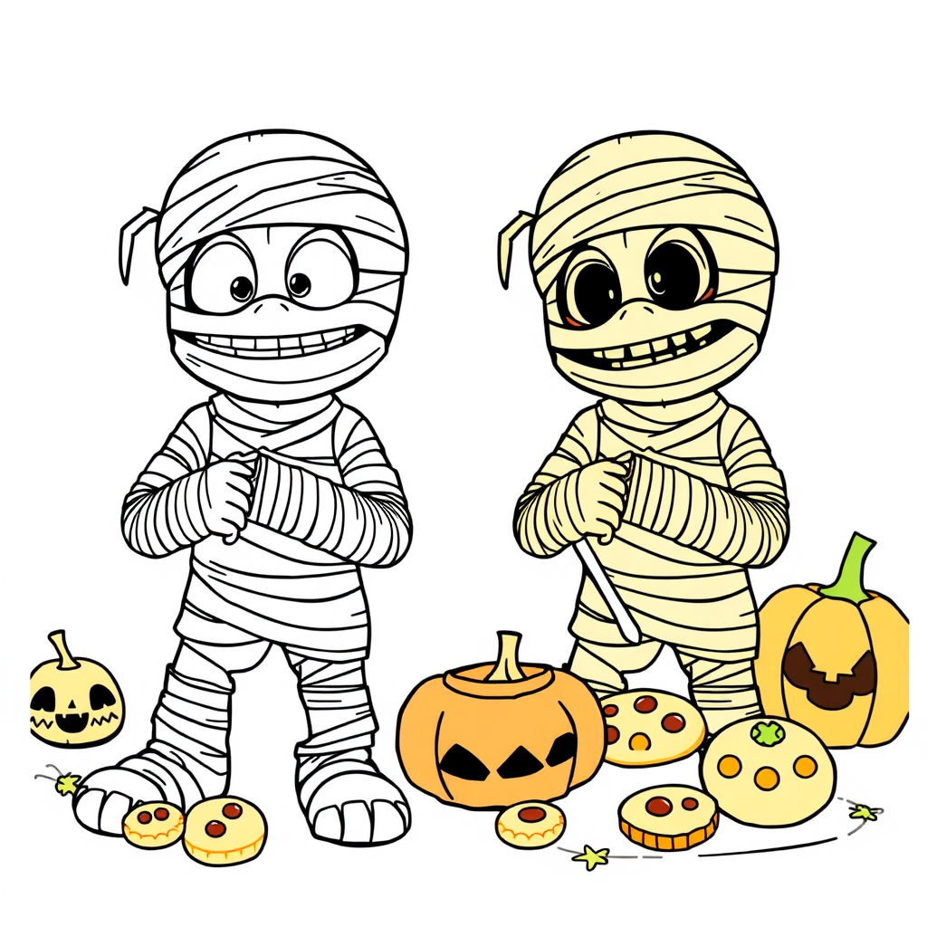 Friendly_mummy_baking_Halloween_cookies_lineart_0001