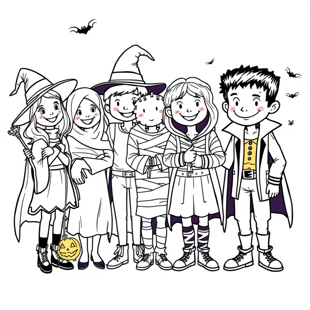 Group_of_costumed_friends_trickortreating_together_drawing_0001