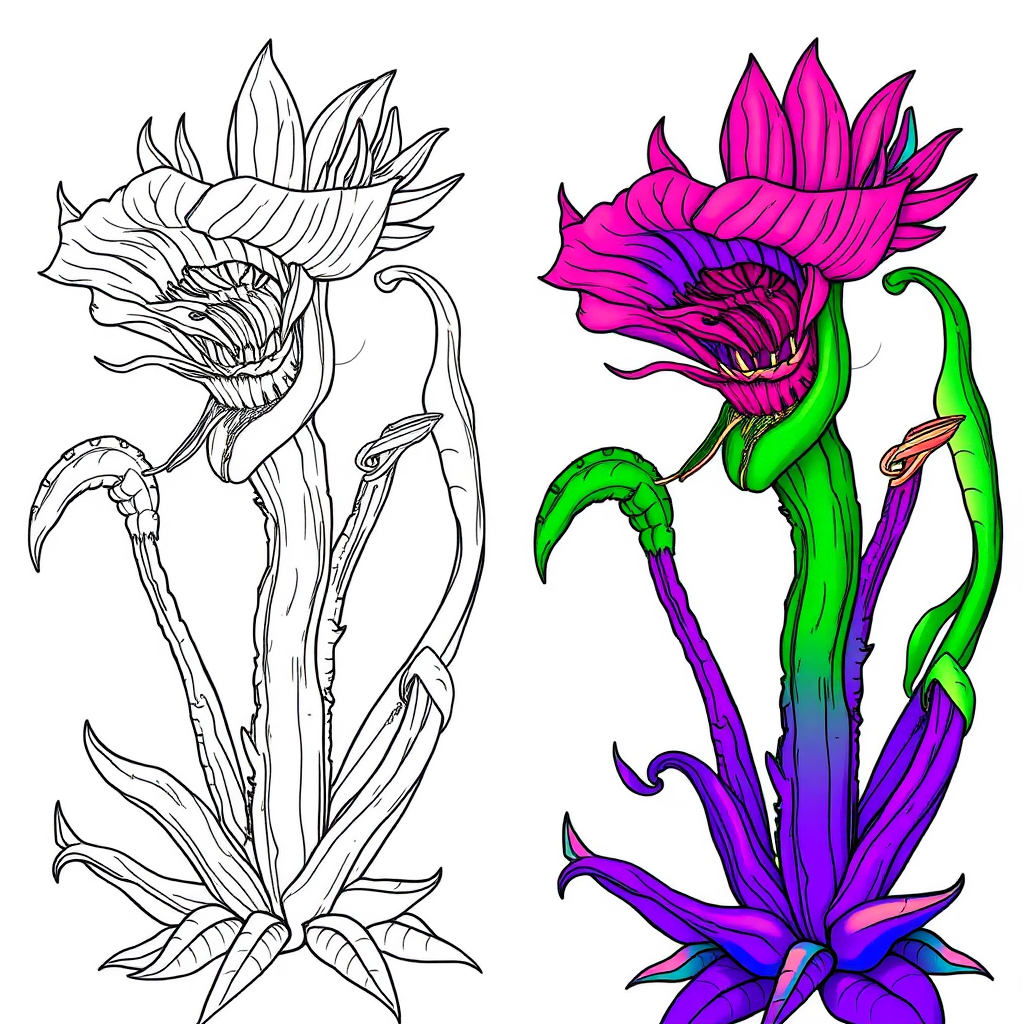 Mutant_space_plant_with_carnivorous_flowers_lineart_0001