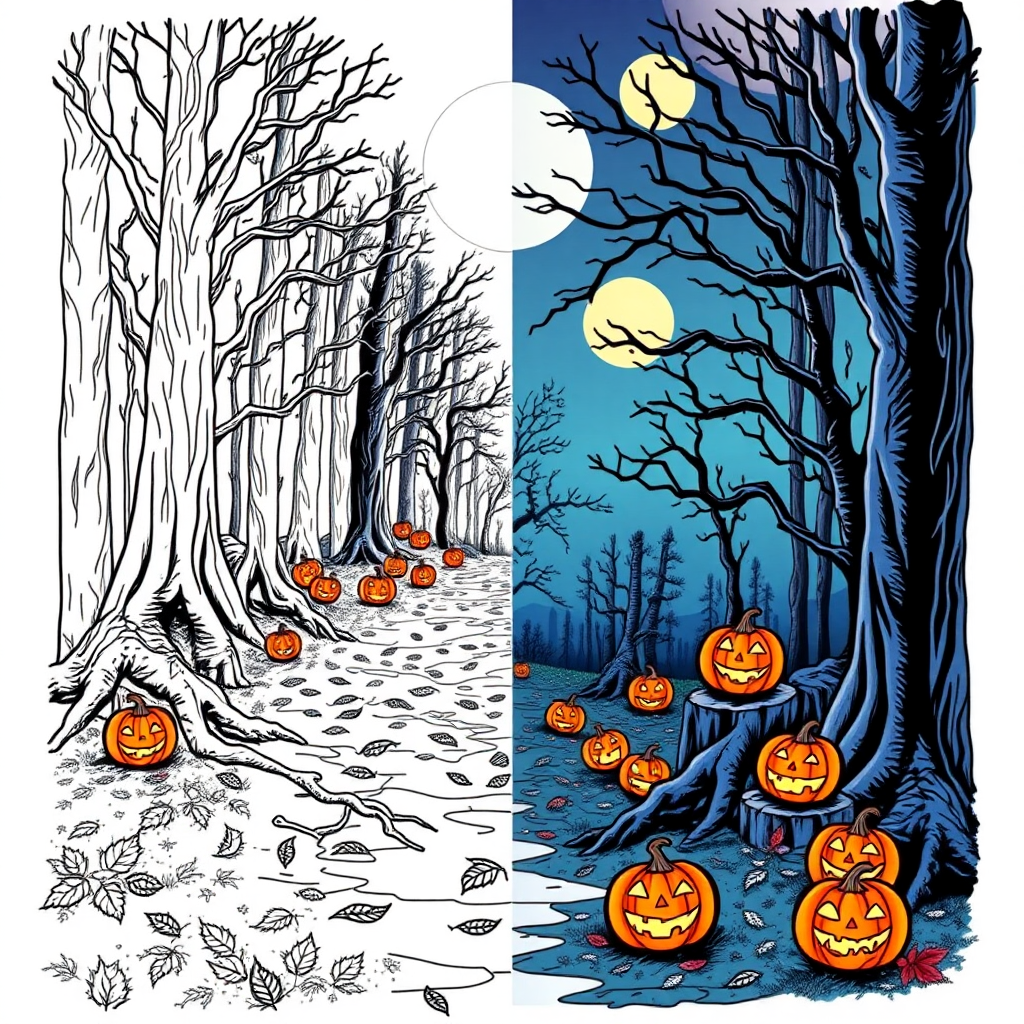 Moonlit_forest_path_with_jackolanterns_lineart_0001